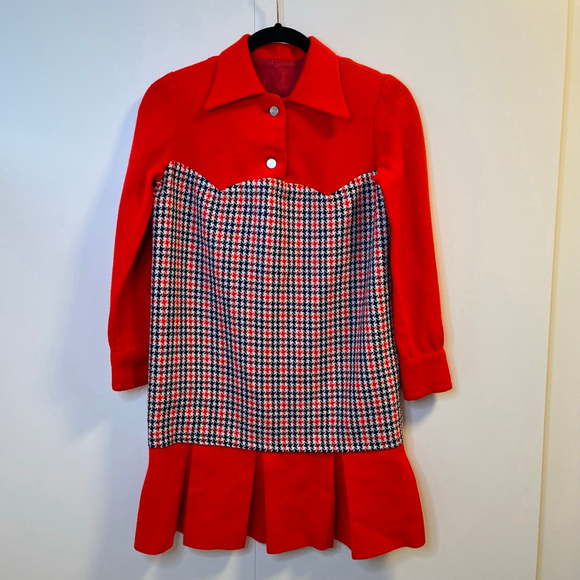 Vintage 1960s Mod Wool Dress Junior 9 Red Houndstooth The Young Look - Picture 3 of 16